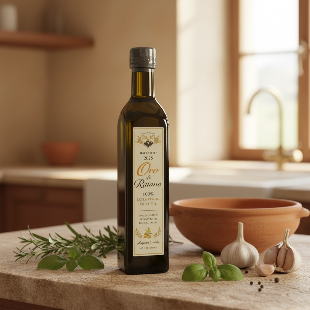 A bottle of Oro di Raiano on a sunlit stone kitchen counter with fresh herbs and a terracotta bowl
